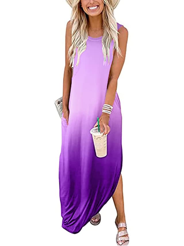 Women's Sleeveless Color Gradient Split Crew Neck Stylish Loose Fit Long Dress