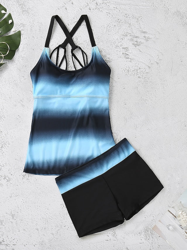 Women's Swimwear Tankini 2 Piece Normal Swimsuit High Waist Chinese Style Green Blue Purple Red Padded Bathing Suits New Fashion Sexy / Padded Bras