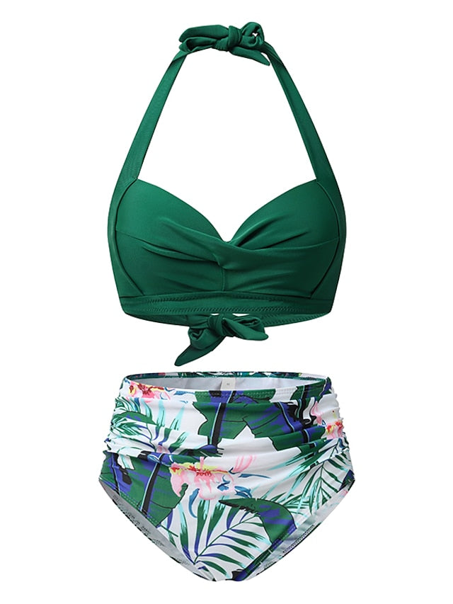 Women's Swimwear Bikini 2 Piece Normal Swimsuit Halter High Waist Push Up High Waisted Geometric Wave dot + red Black White Yellow Pink Bathing Suits Sports Fashion Ordinary