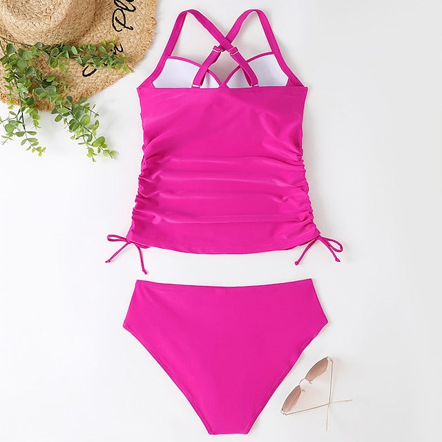 Women's Swimwear Tankini 2 Piece Normal Swimsuit 2 Piece Tummy Control Solid Color Leopard Print Black Army Green Navy Blue Blue Tank Top Bathing Suits Sports Summer