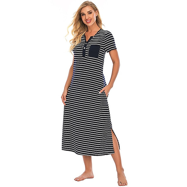 Women's Pajamas Nightgown Nighty Pjs Stripe Comfort Party Home Daily Cotton Gift Short Sleeve Spring Summer Royal Blue Grey