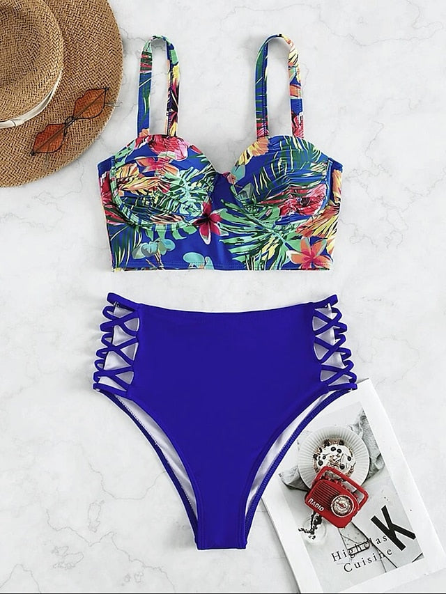 Women's Swimwear Bikini Normal Swimsuit 2 Piece Printing Floral Yellow Red Blue Bathing Suits Sports Beach Wear Summer