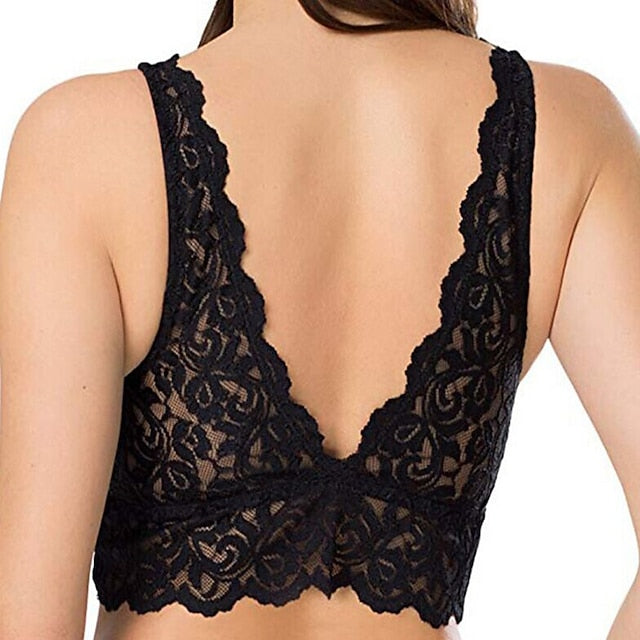 Women's Deep V Neck Unpadded Lace Long Line Plunge Bralette Bra