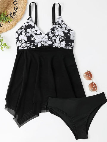 Women's Swimwear Swim Dress Normal Swimsuit 2 Piece Printing Floral Black Pink Green Bathing Suits Sports Summer