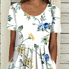 Women's Casual Dress Midi Dress White Blue Green Short Sleeve Floral Ruched Summer Spring Crew Neck Basic Loose Fit Print Dresses