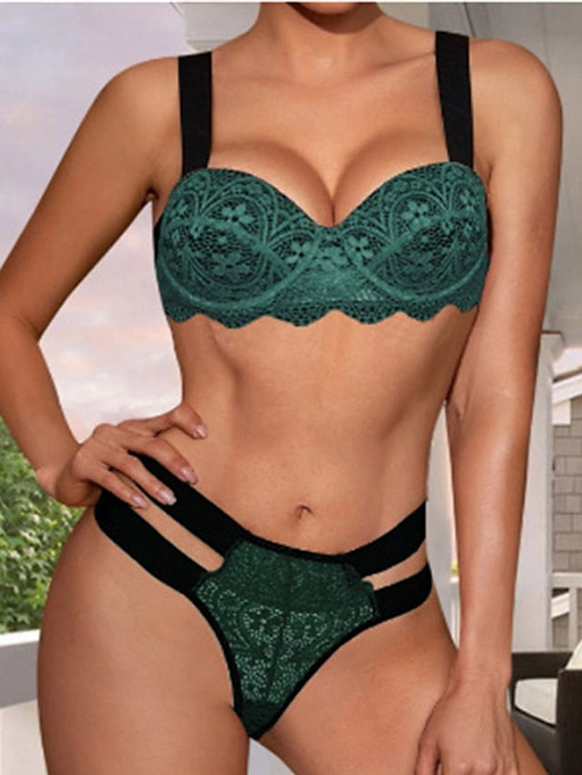 Women's Lace Bras Double Strap Adjustable 3,4 Cup V Neck Breathable Lace Pure Color Hook & Eye Date Casual Daily Nylon Sexy 1 set Green , Bra & Panty Set