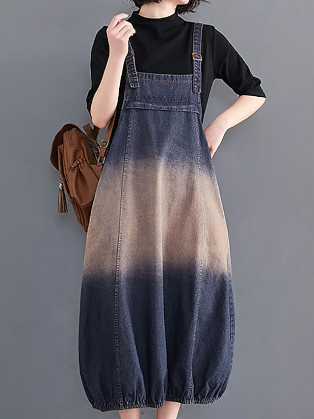 Women's Maxi Denim Pinafore Dress with Pockets - Sleeveless Square Neck for Summer