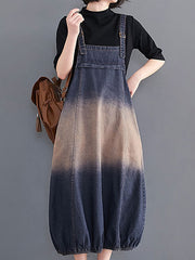 Women's Maxi Denim Pinafore Dress with Pockets - Sleeveless Square Neck for Summer