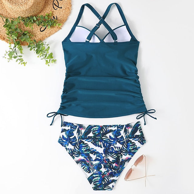 Women's Swimwear Tankini 2 Piece Normal Swimsuit 2 Piece Tummy Control Solid Color Leopard Print Black Army Green Navy Blue Blue Tank Top Bathing Suits Sports Summer