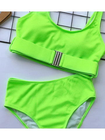 Women's Swimwear Bikini 2 Piece Normal Swimsuit Backless High Waisted Pure Color Black White Fuchsia Green Scoop Neck Bathing Suits New Vacation Sexy