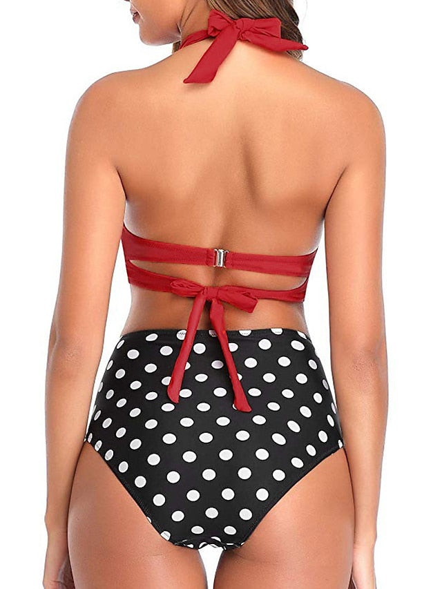 Women's Swimwear Bikini 2 Piece Normal Swimsuit Halter High Waist Push Up High Waisted Geometric Wave dot + red Black White Yellow Pink Bathing Suits Sports Fashion Ordinary