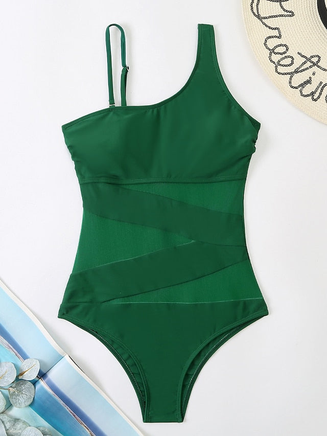 Women's Swimwear One Piece Monokini Bathing Suits Normal Swimsuit High Waist Open Back Mesh Pure Color Green Black Dark Green Red Padded Strap Bathing Suits New Casual Vacation / Sexy / Modern