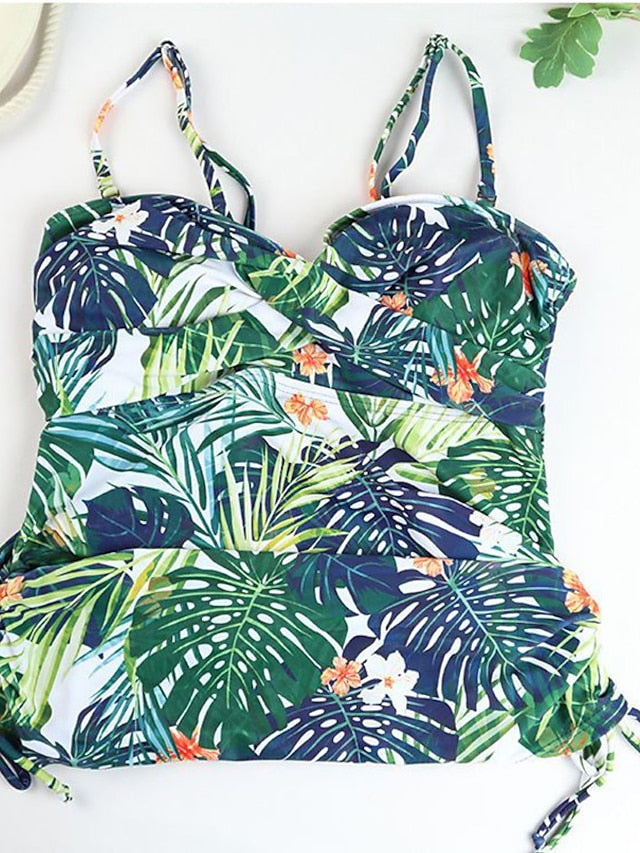 Women's Swimwear 2 Piece Plus Size Swimsuit Tummy Control Open Back Printing for Big Busts Leaves Green Camisole Strap Bathing Suits New Vacation Fashion