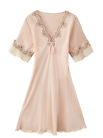 Women's Satin Dress A Line Dress Mini Dress Elegant Sexy Lace Bow Solid Colored V Neck Home Lounge Champagne Pink