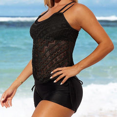 Women's Swimwear Tankini Monokini 2 Piece Normal Swimsuit Lace 2 Piece Solid Color Black Tank Top Bathing Suits Sports Summer