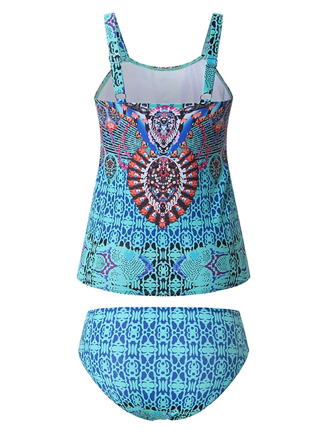 Women's Swimwear Tankini 2 Piece Normal Swimsuit Open Back Printing Color Block Blue Camisole Strap Bathing Suits New Vacation Fashion / Modern / Padded Bras