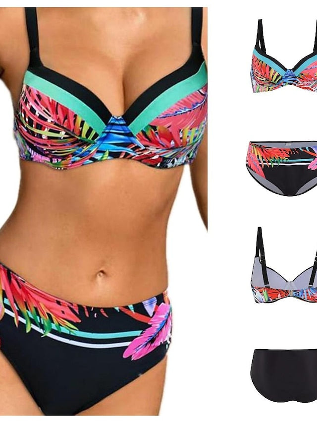 Women's Swimwear Bikini Normal Swimsuit 2 Piece Printing Leaf Red Bathing Suits Sports Beach Wear Summer