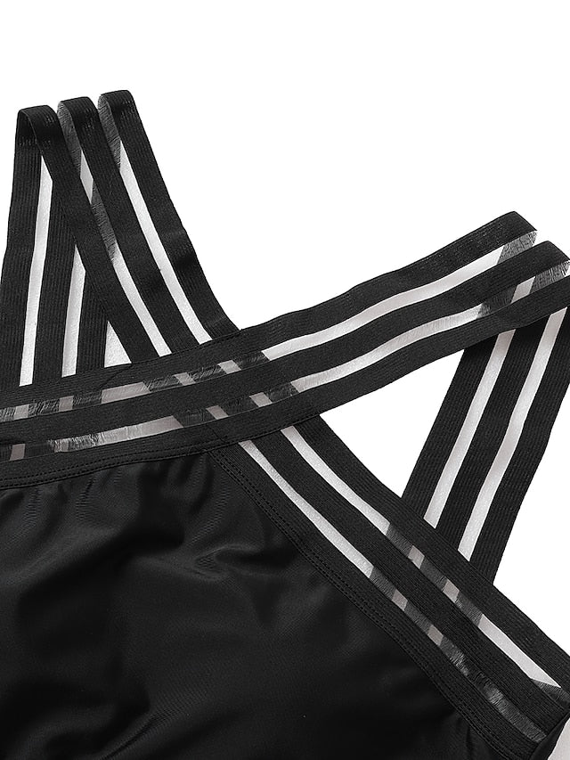 Women's Swimwear One Piece Monokini Normal Swimsuit Tummy Control Slim Solid Color Striped Black Bathing Suits Sports Sports Basic