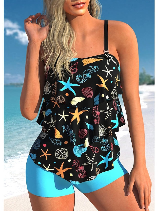 Women's Swimwear Tankini 2 Piece Normal Swimsuit 2 Piece Printing Graphic Black Blue Tank Top High Neck Bathing Suits Sports Beach Wear Summer