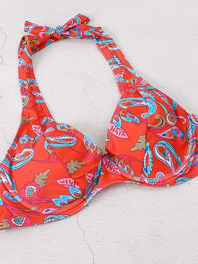 Women's Swimwear Bikini 2 Piece Normal Swimsuit Backless Printing Floral Red Underwire Halter Padded V Wire Bathing Suits New Vacation Sexy / Cute / Padded Bras