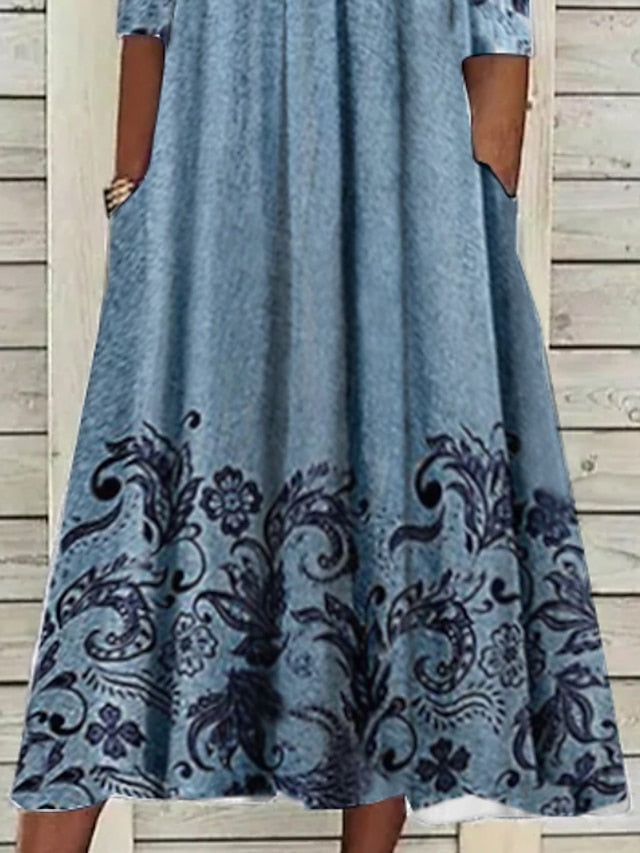 Women's Casual Dress Ethnic Dress Midi Dress Blue Half Sleeve Floral Print Summer Spring V Neck Casual