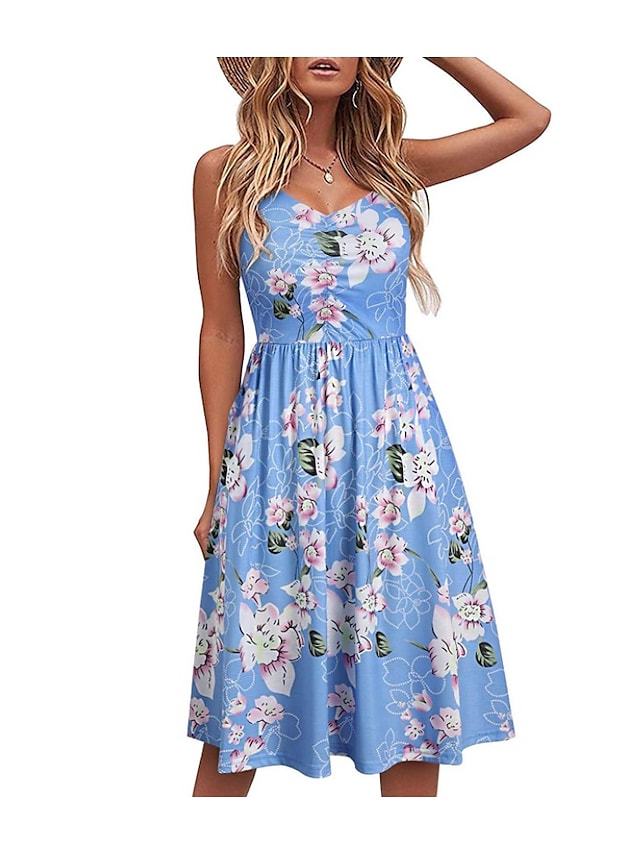 Women's Wrinkle Design Sleeveless Print V Neck Elegant Dress