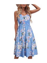 Women's Wrinkle Design Sleeveless Print V Neck Elegant Dress