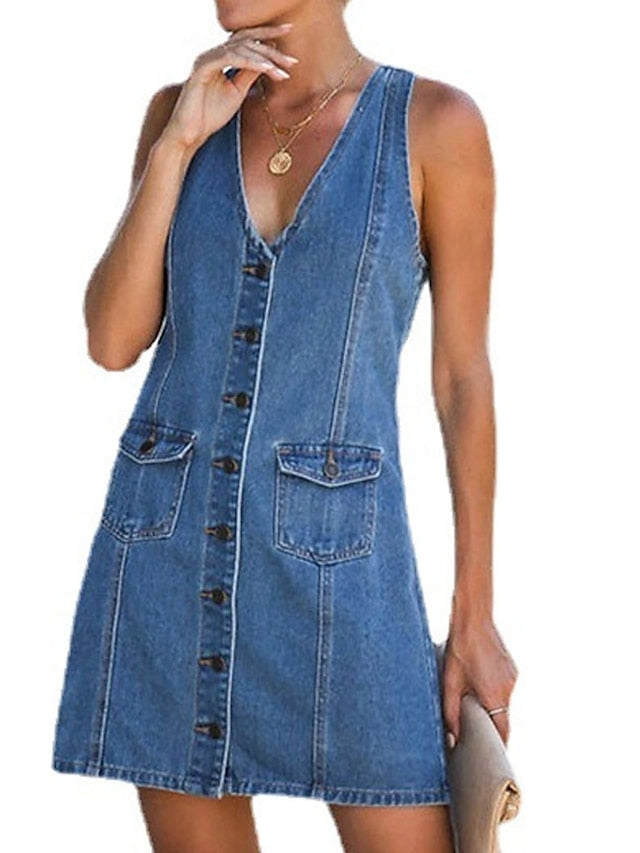 Women's Sleeveless Denim Mini Dress with Pockets - V-Neck Summer Shirt Dress