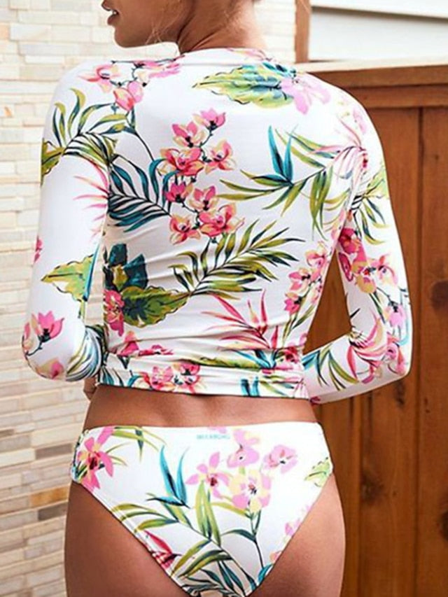 Women's Swimwear Rash Guard Diving Normal Swimsuit UV Protection Modest Swimwear Slim Strapless Floral Leaf White Padded T shirt Tee Bathing Suits Sports Casual Sexy / New / Padded Bras