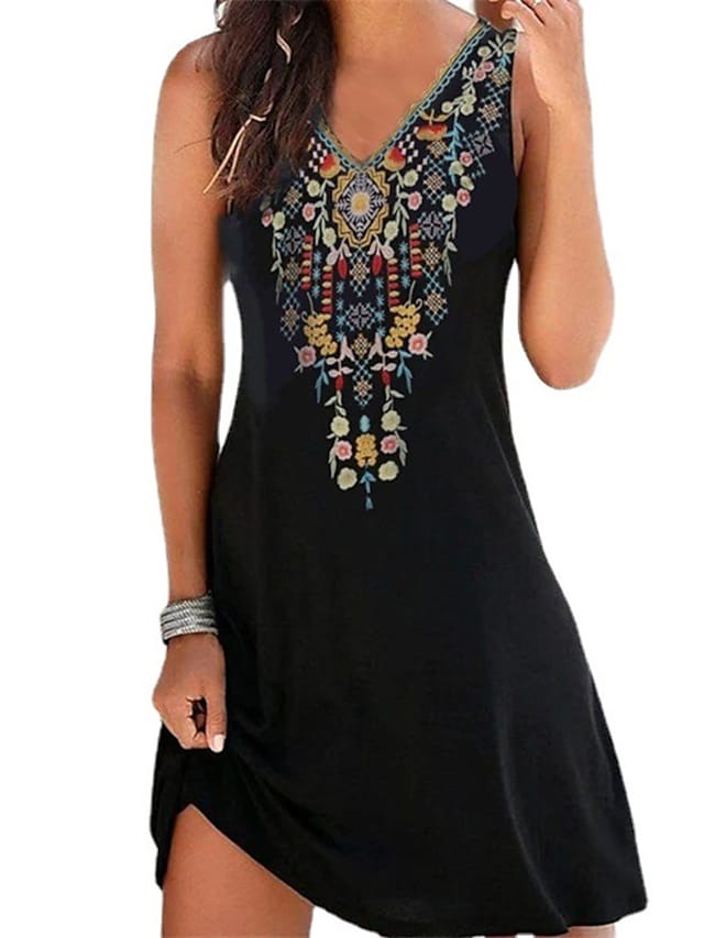 Women's Sleeveless Floral Print V Neck Beach Casual Dress