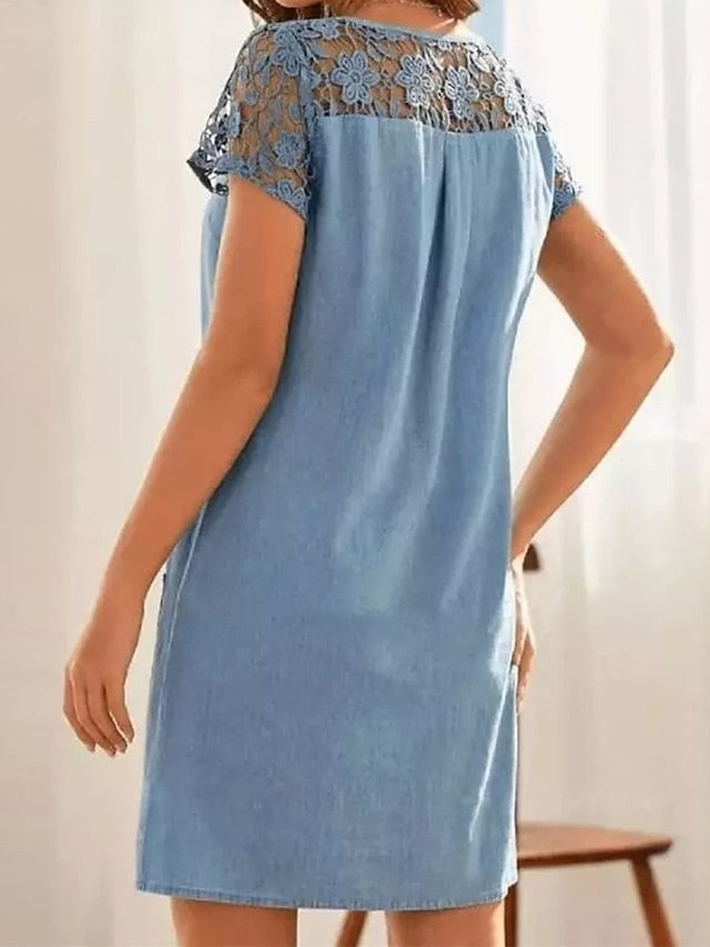 Women's V-Neck Denim Mini Dress with Lace and Buttons - Casual Summer Fashion