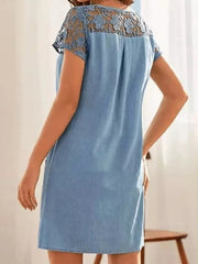 Women's V-Neck Denim Mini Dress with Lace and Buttons - Casual Summer Fashion