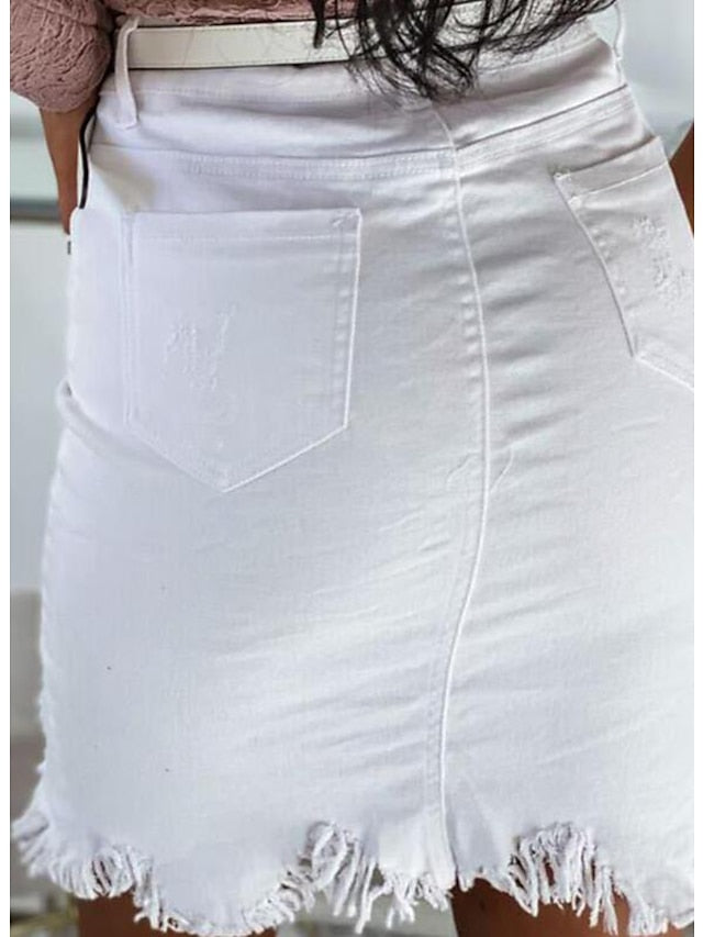 Women's Pencil Work Skirts Above Knee Denim White Red Skirts Tassel Fringe Ripped Asymmetric Hem Fashion Office , Career Daily