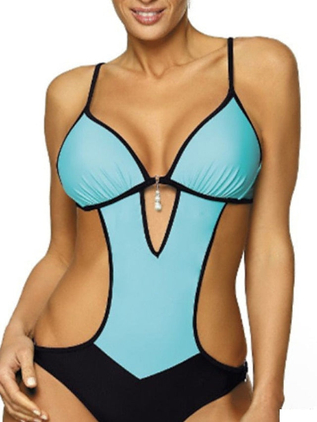 Women's Sexy One Piece Monokini Swimsuit, Open Back, Color Block, Vacation Fashion