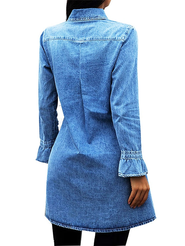 Women's Casual Denim Mini Shirt Dress with Pockets - Long Sleeve Style
