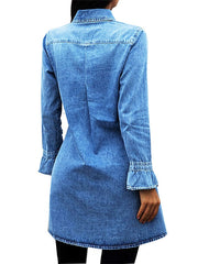 Women's Casual Denim Mini Shirt Dress with Pockets - Long Sleeve Style