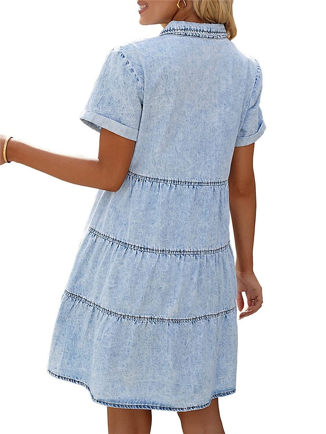 Women's Denim Shift Dress - Casual Mini Shirt Dress with Pockets, Short Sleeve