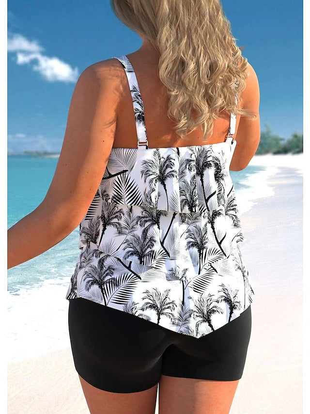 Women's Swimwear Tankini 2 Piece Normal Swimsuit 2 Piece Layered Printing Palm Tree Black White Blue Rainbow Tank Top Bathing Suits Sports Beach Wear Summer