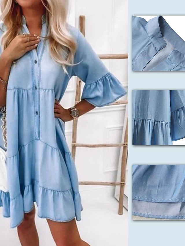 Women's V-Neck Denim Midi Shirt Dress - Half Sleeve, Casual Summer Wear