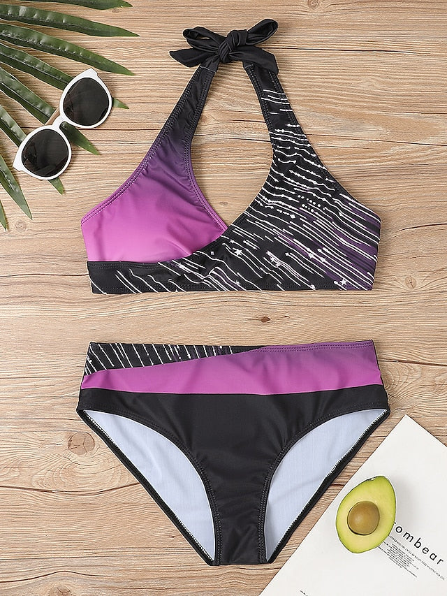Women's Swimwear Bikini Plus Size Swimsuit 2 Piece Striped Black Burgundy Blue Lavender Purple Bandeau Bathing Suits Sports Summer