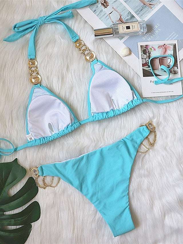 Women's Swimwear Bikini 2 Piece Normal Swimsuit Glitter Solid Color White Black Blue Purple Yellow Plunge Bathing Suits Sexy Vacation Fashion / New / Padded Bras