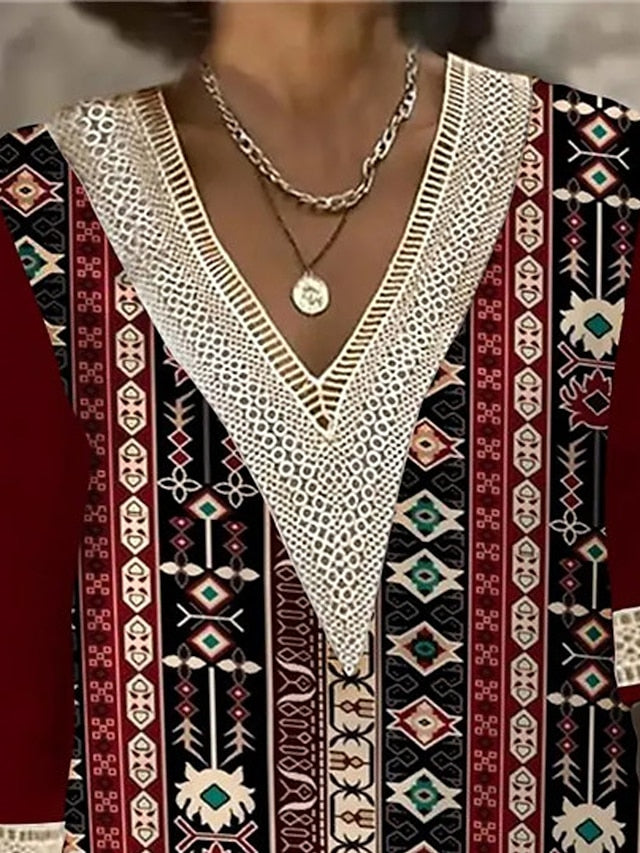 Women's Casual Dress Ethnic Dress Shift Dress Geometric Tribal Patchwork Print V Neck Midi Dress Vintage Ethnic Outdoor Daily Half Sleeve Regular Fit Wine Summer Spring