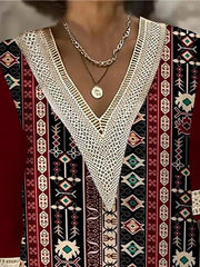Women's Casual Dress Ethnic Dress Shift Dress Geometric Tribal Patchwork Print V Neck Midi Dress Vintage Ethnic Outdoor Daily Half Sleeve Regular Fit Wine Summer Spring