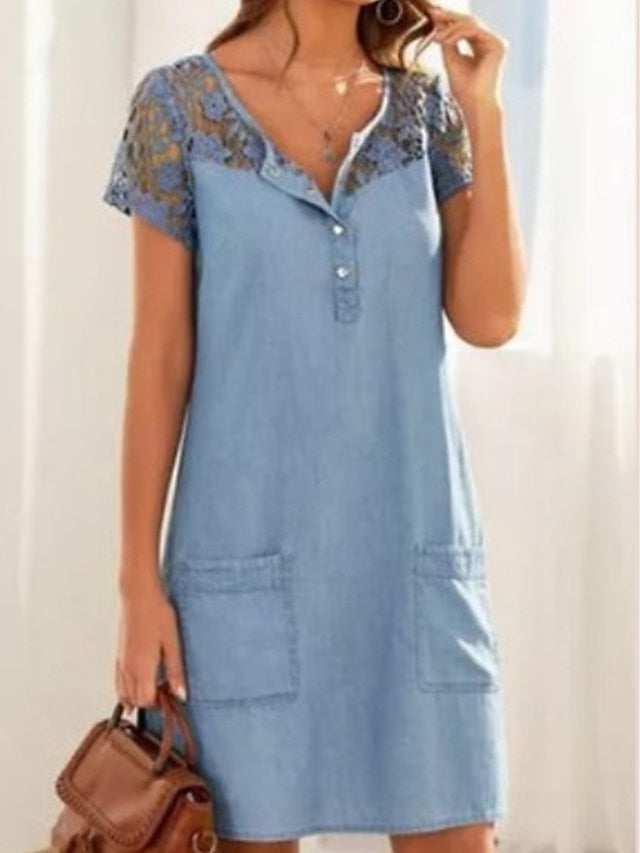 Women's V-Neck Denim Mini Dress with Lace and Buttons - Casual Summer Fashion