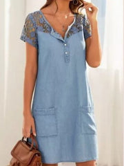 Women's V-Neck Denim Mini Dress with Lace and Buttons - Casual Summer Fashion