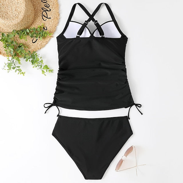 Women's Swimwear Tankini 2 Piece Normal Swimsuit 2 Piece Tummy Control Solid Color Leopard Print Black Army Green Navy Blue Blue Tank Top Bathing Suits Sports Summer