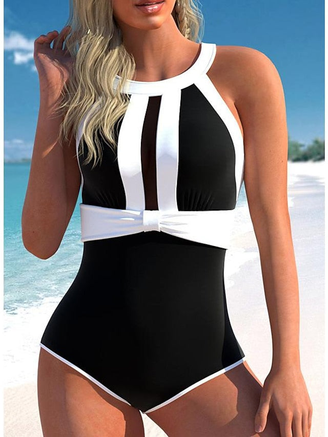 Women's Swimwear One Piece Normal Swimsuit Tummy Control Cut Out Printing Color Block Black Bodysuit High Neck Bathing Suits Sports Beach Wear Summer