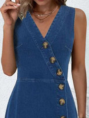 Women's Sleeveless Denim Midi Dress - V-Neck Bodycon for Office & Daily Wear
