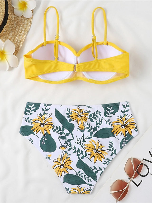 Women's Swimwear Bikini 2 Piece Normal Swimsuit Open Back Printing Floral Leaves Green Black Blue Yellow Royal Blue Strap Bathing Suits Sexy Vacation Fashion / Modern / New / Padded Bras