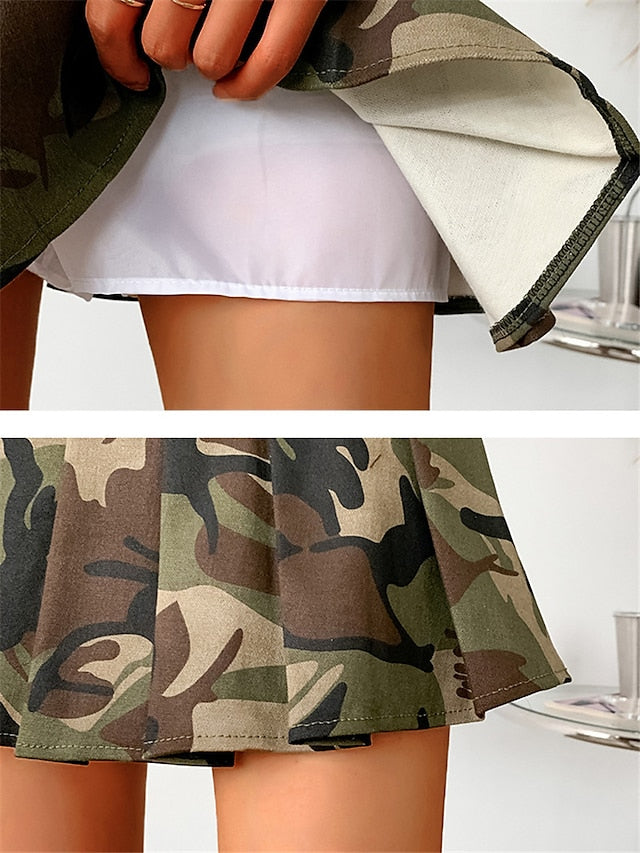 Women's A Line Cargo Skirt Mini Polyester Army Green Skirts Spring & Summer Pleated Belt Included Lined Casual Homecoming Casual Daily